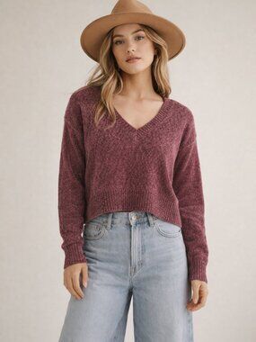 Western Cozy Women's Small Red V-Neck Long Sleeve Sweater Cropped Boxy Rustic